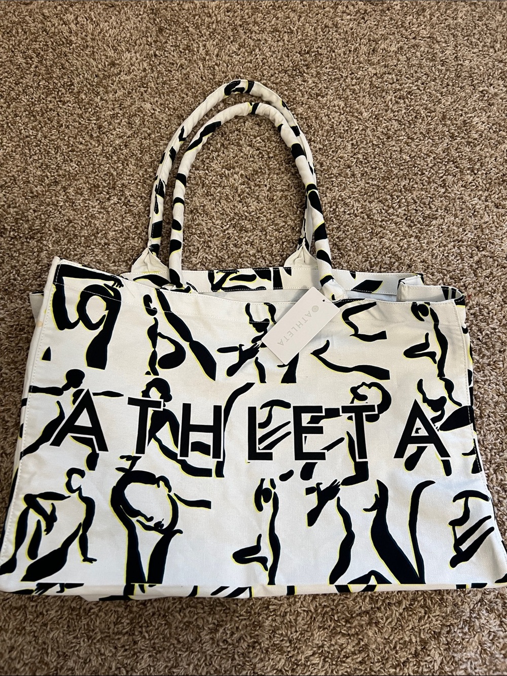 Athleta White Canvas Tote with Black Abstract Print and Yellow Accents